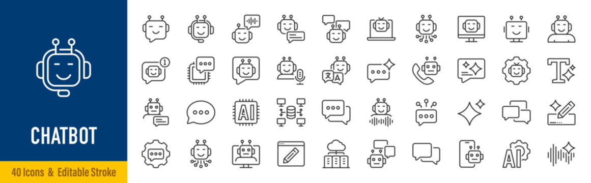 Chatbot line icons in editable stroke style. AI chat, virtual assistant, customer support, messaging, automation, conversational AI, help desk collection. Editable stroke. Vector