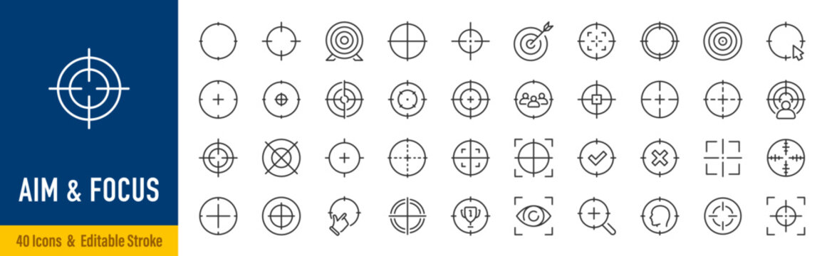 Aim & Focus line icons in editable stroke style. Goal, target, strategy, productivity, business planning, vision, objective, success collection. Editable stroke. Vector