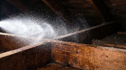 Obraz premium Fine mist sprayed onto wooden attic beams. Depicts home maintenance or insulation process in a dark space. Ideal for construction or renovation content.