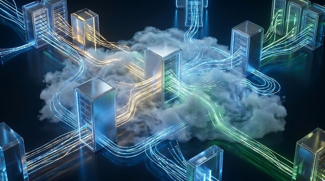 Digital network servers in clouds with light streams data transfer concept