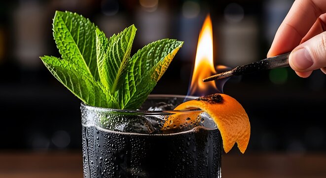 Fresh mint sprig and orange slice garnishing a cocktail with a flaming presentation.