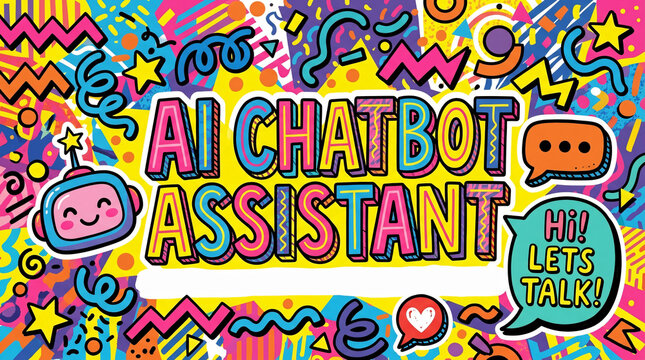Colorful doodle background with pop art style lettering for "AI CHATBOT ASSISTANT" and "Hi! LETS TALK!" speech bubbles.