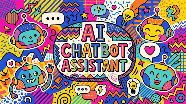 A vibrant and colorful hand-drawn doodle illustration featuring multiple robot characters and "AI CHATBOT ASSISTANT" text.