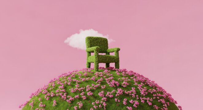 Moss covered armchair on flower hill under pink sky.