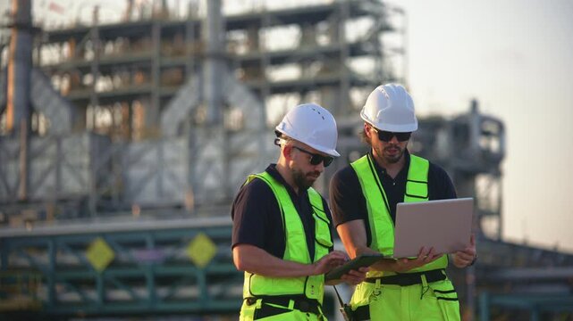 Petrochemical engineers inspecting industrial equipment and refinery operations at an oil and gas processing plant. Technical inspectors reviewing operations at a petrochemical refinery.
