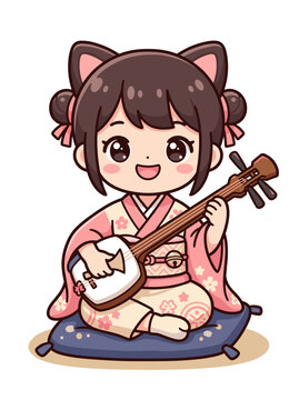 Adorable Anime Style Cat Eared Girl Playing Traditional Japanese Shakuhachi Bamboo Flute and Moon Guitar Biwa in Pastel Kimono Outfit