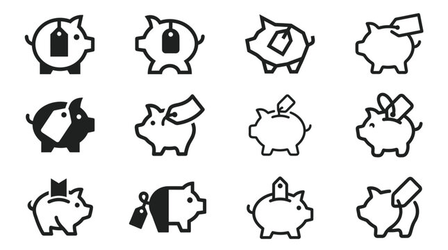 Piggy bank icons with tags.
