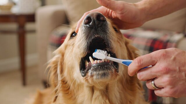 Golden retriever receiving dental care with toothbrush during home grooming