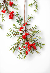 Fototapeta premium Realistic mistletoe branch with red berries on white background