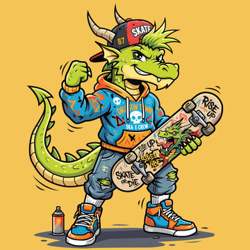 A street-skater-style dragon wearing a backwards cap and sneakers while holding a skateboard; it looks cool and energetic, featuring bold graffiti-style lines, striking colors, and a solid yellow back