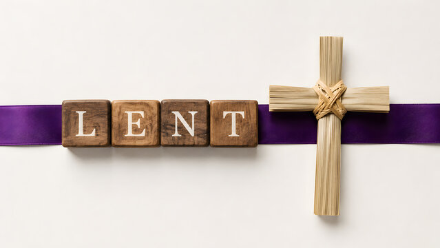 A Lenten season composition featuring the word LENT on wooden blocks and a woven palm cross, placed on a purple ribbon against a white background.