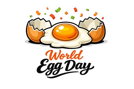 A cracked brown egg with a bright yellow yolk spilling out, surrounded by colorful confetti and the text egg day in black font