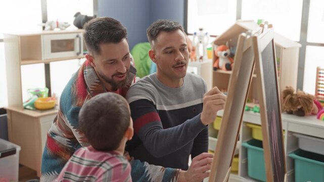 Two men guide a little boy drawing at an easel, one points finger to board while both lean in during a preschool classroom activity; warmth learning.
