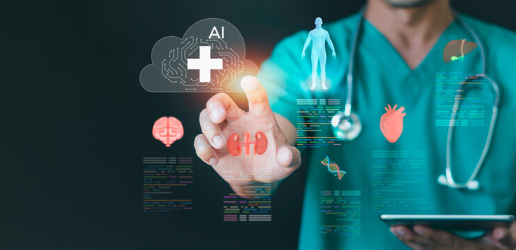 Doctor analyzing medical health cloud data via futuristic holographic interfaces with AI technology. Concept of digital healthcare innovation, patient records network, and modern medicine.