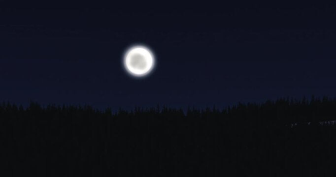 Mystical night landscape showing glowing full moon rising above dark pine forest in Carpathian Mountains, Ukraine, with deep twilight sky and silhouettes of mountain ridges.