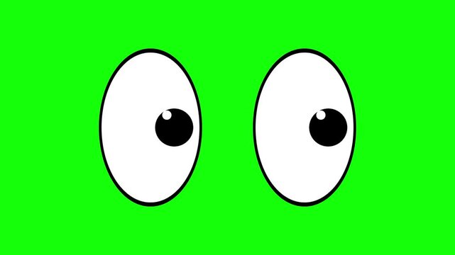 Cartoon eyes animation on green screen looking left and right funny character eyes blinking chroma key video element for motion graphics curious look.