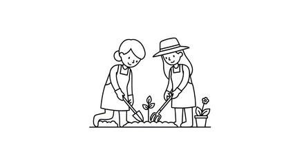 Obraz premium Two women gardening together planting a small sprout in the soil.