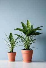 Fototapeta premium Two green houseplants in terracotta pots on white table