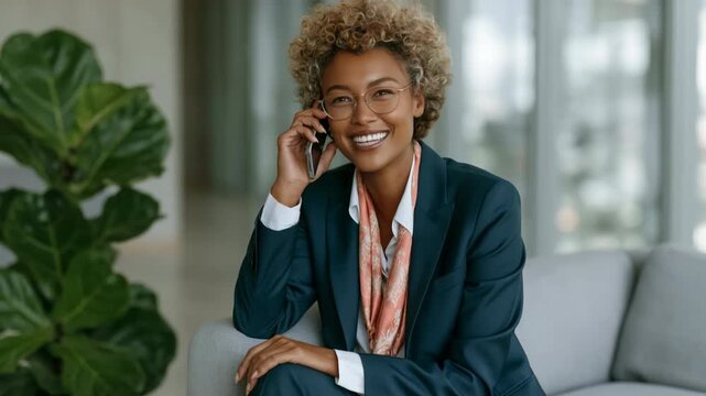 Smiling woman speaking on phone in bright office lobby