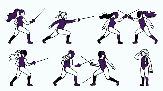 Women fencing sports actions and poses flat pattern background