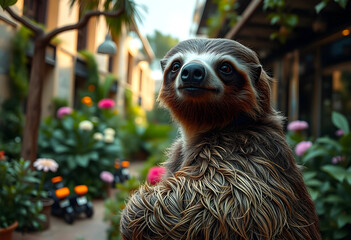 Fototapeta premium content sloth looking over shoulder in urban botanical garden
