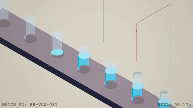 Automated pharmaceutical production line with blue medicine vials