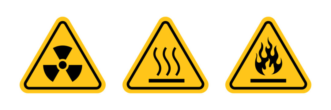 Hazard warning sign icon set, Radiation, hot surface and flammable symbols, Yellow triangular safety labels for industrial, laboratory, workplace, danger and risk protection vector illustration.