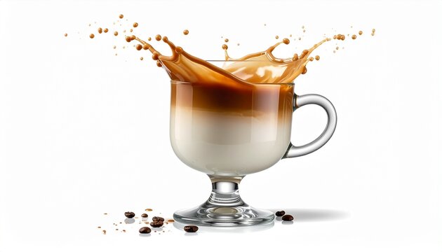 Close up Milk coffee splashed from the mouth of the glass isolated on white background