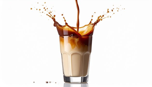 Close up Milk coffee splashed from the mouth of the glass isolated on white background