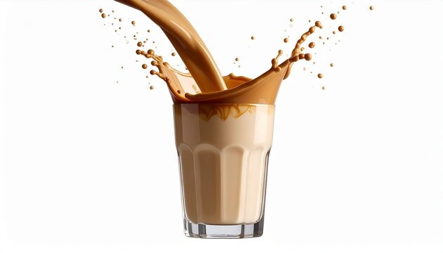 Close up Milk coffee splashed from the mouth of the glass isolated on white background