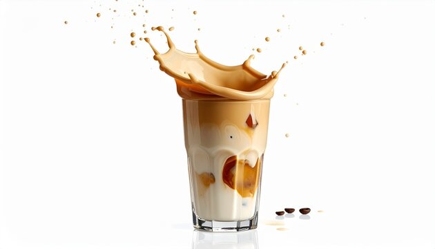 Close up Milk coffee splashed from the mouth of the glass isolated on white background