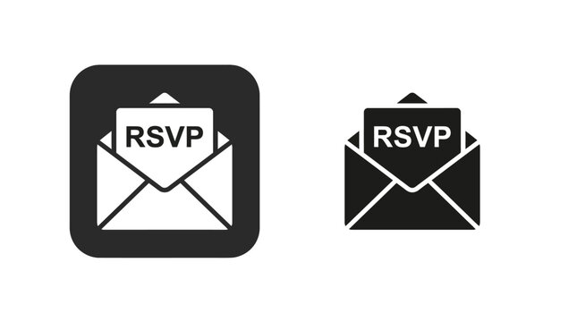Minimalist black and white square buttons featuring an open envelope icon with the text rsvp