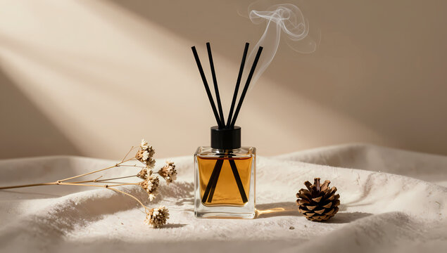 Minimalist glass reed diffuser with essential oil and dried flowers on fabric