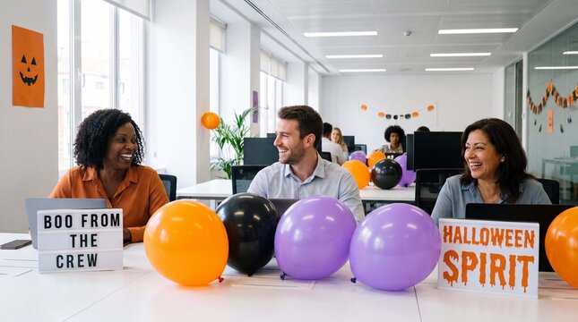 Two diverse professionals collaborate at an open bright workstation with Halloween balloons, suitable for internal posts and business magazine covers