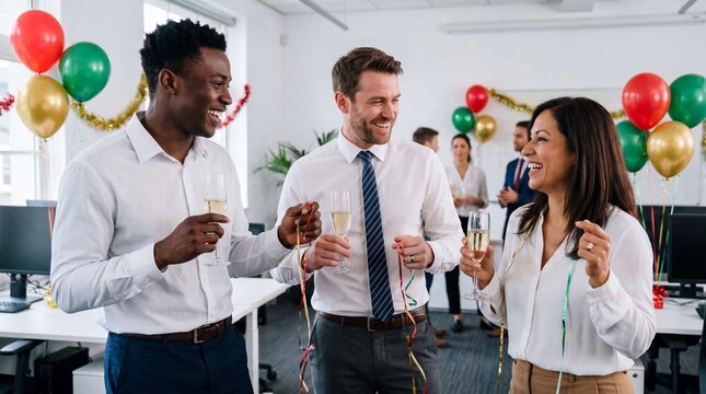 Diverse coworkers toast Christmas with confetti and glasses in office for marketing banner and article header