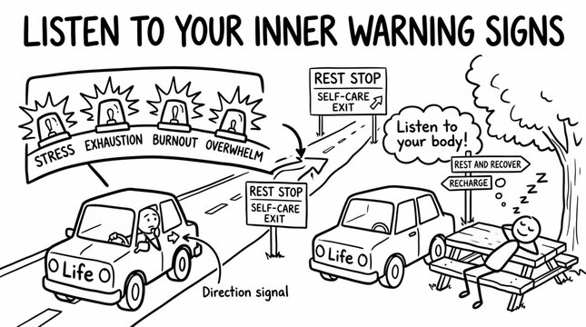 A Hand Drawn illustration of a person ignoring inner warning signs while driving on a road with caution signs