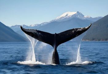 Naklejka premium Whale tail emerging from ocean with mountain backdrop