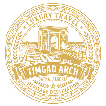 Timgad Arch luxury travel badge design featuring Batna Algeria heritage destination