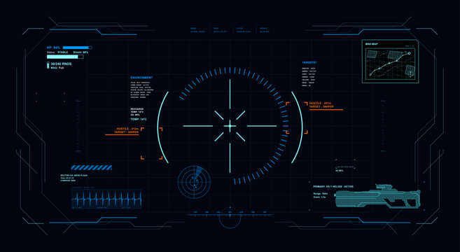 Futuristic Sniper HUD Interface with Targeting Reticle and Combat Data. Sci-fi shooter game HUD with crosshair scope, health stats, radar, minimap, hostile targets and weapon. Vector cyberpunk ui