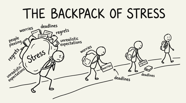 A Hand Drawn illustration of person carrying heavy backpack labeled stress