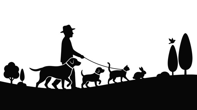 A person in silhouette walks multiple pets including dogs, a cat, and a rabbit on a leash across a stylized landscape with trees and bushes, conveying a sense of companionship