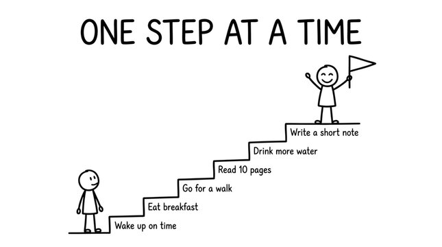 Hand Drawn Staircase Illustration of Woman Climbing Steps to Success