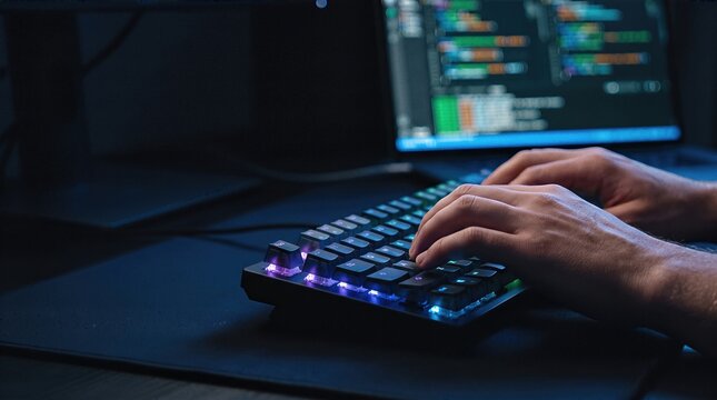 Close up of developer hands typing with blurry programming code screen
