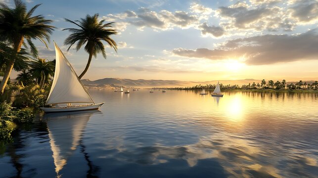 Traditional wooden felucca sailboats navigate the calm glowing waters of the Nile river during a warm golden sunset with palm trees under a soft cloudy sky