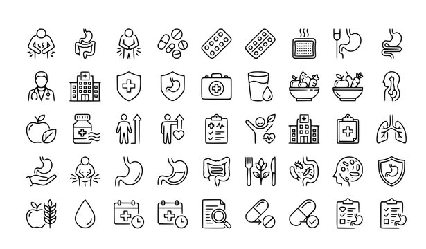 Digestive Health Outline Icons Vector CollectionDigestive Health Outline Icons Vector Collection