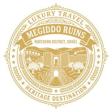Megiddo Ruins travel badge illustration with ancient archaeological site design