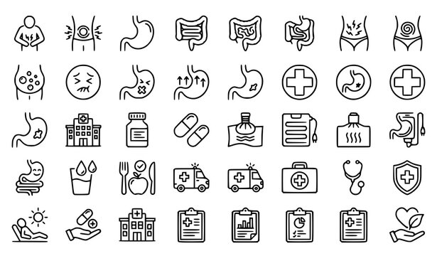 Abdominal Pain and Digestive Health Line Icon Set Vector
