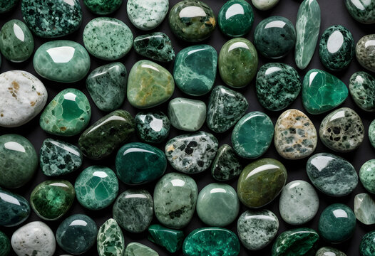 Flat lay of polished zoisite stones on dark surface