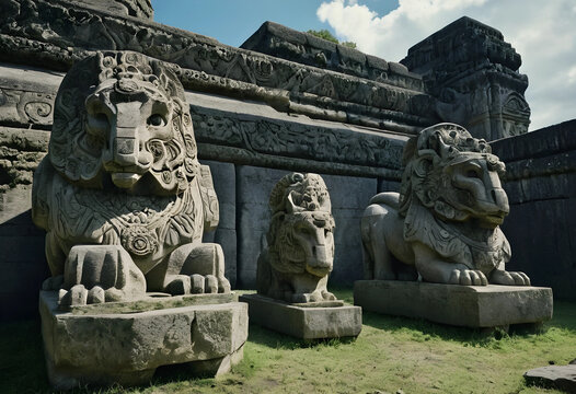 Ancient zoomorphic stone lion carvings at historical site
