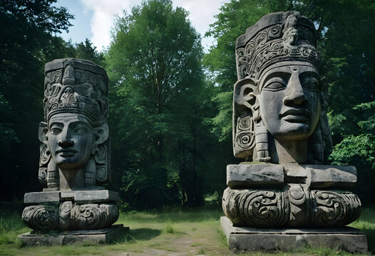 Ancient zoomorphic stone carvings in forest clearing